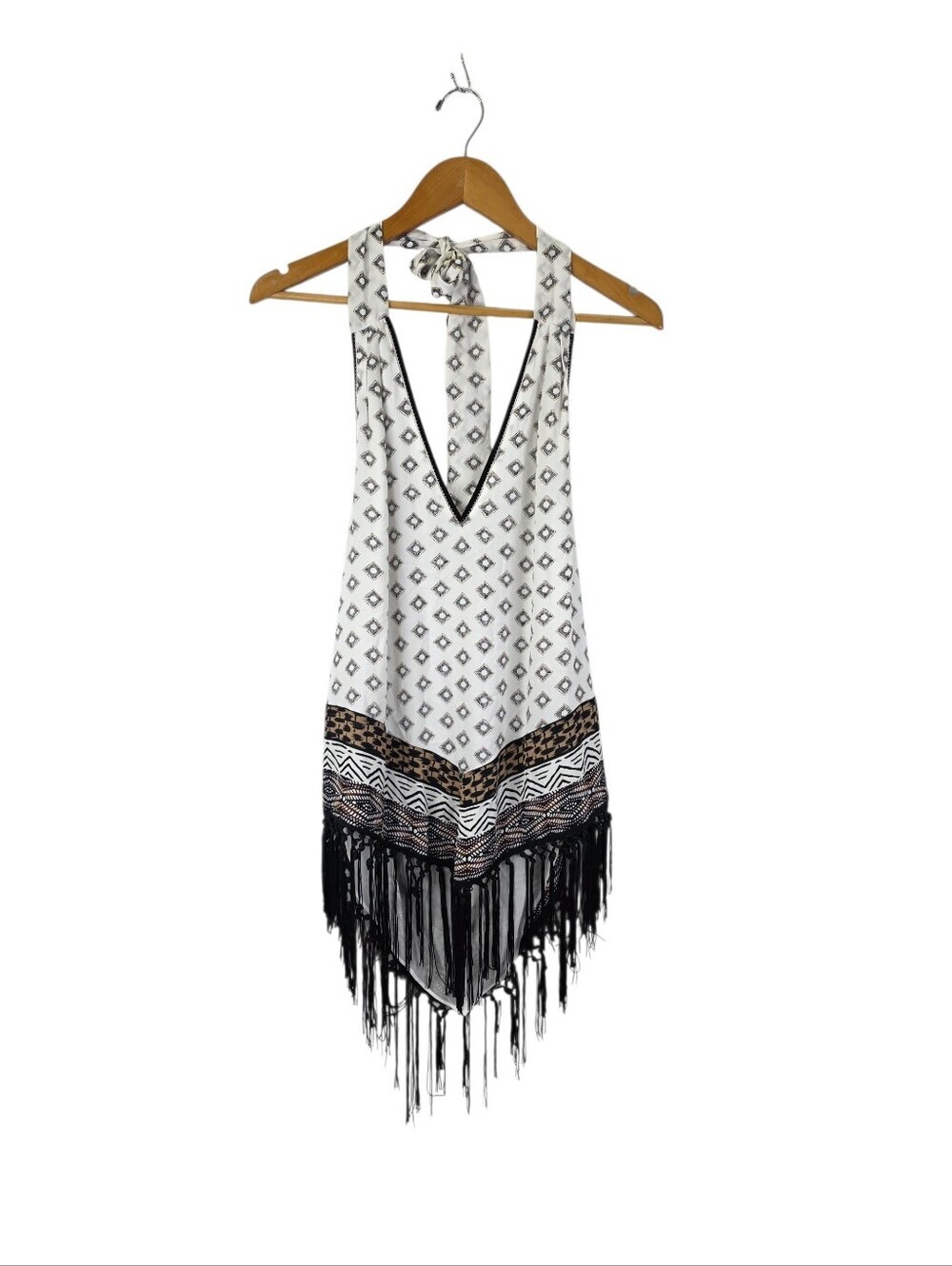 White House Black Market Fringe Halter Tank Top Women Petite XLP Bohemian Boho